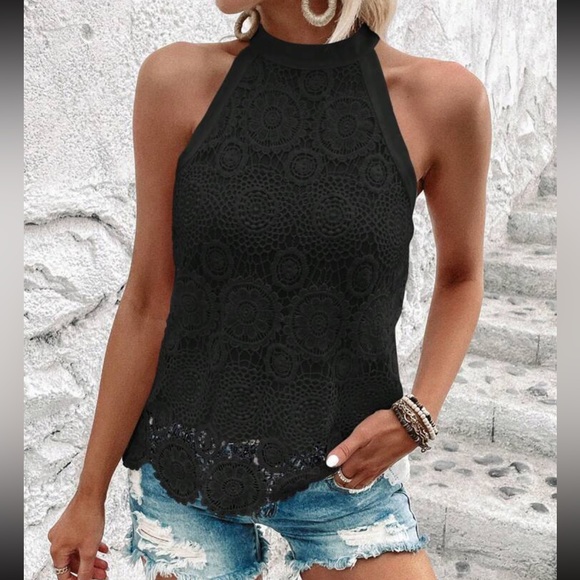 Boho Floral Sheer Mesh Lace High Mock Halter Neck Top Blouse Shirt Mustard - Picture 11 of 12